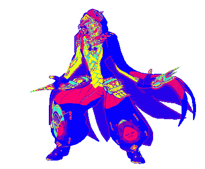 an animated gif of Raven from Guilty Gear Xrd Revelator, doing his stance (Give it to me HERE) stage one, looping and color cycling with neon colors